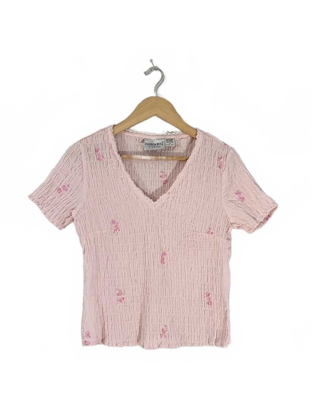 Y2K Pink Floral Embroidered Smock Scrunch Blouse 2000’s Fairy Feminine